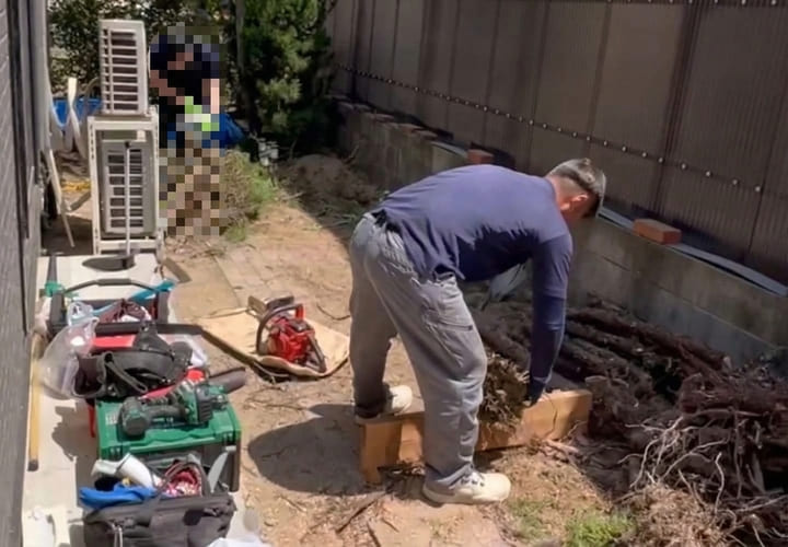 抜根後、施主様が処分しやすいようにチェーンソーで解体処分している様子